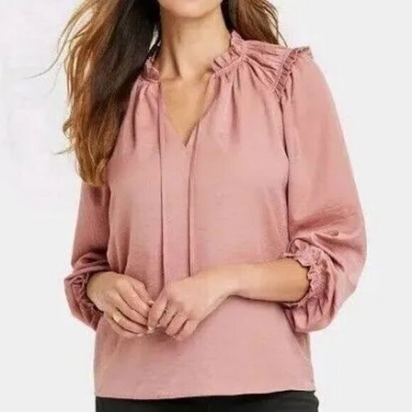 Knox Rose Longsleeve Mauve Blouse with Ruffled Collar & Shoulders, Size XXL, NWT - Picture 1 of 8
